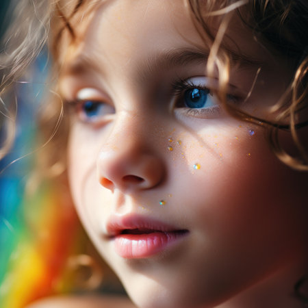A close up of a young girl with rainbow colored hair, AIの素材