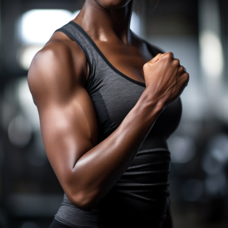 A woman with a muscular arm in the gym, AIの素材