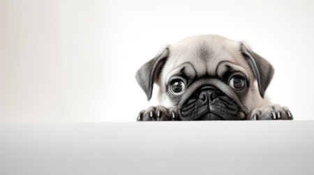 A pug dog looking over a white background, AIの素材