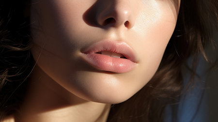 A close up of a womans face with her lips open, AIの素材