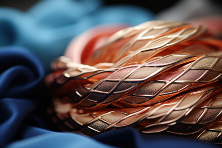 A pile of gold and copper wire on a blue cloth, AIの素材