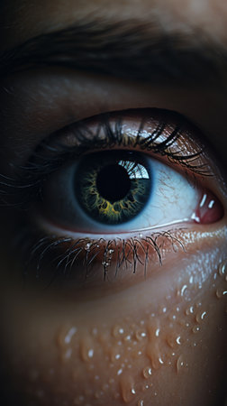 A womans eye with water droplets on it, AIの素材