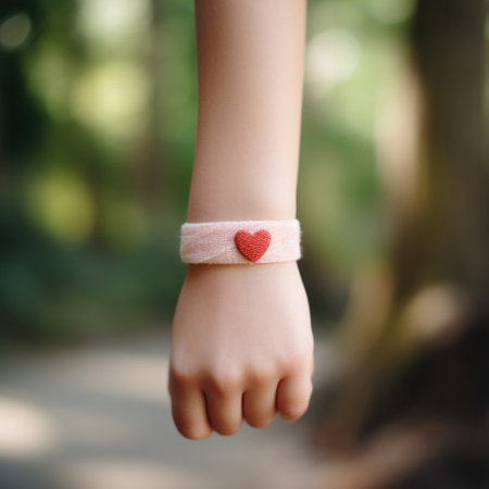A person holding a pink heart bracelet on their wrist, AIの素材