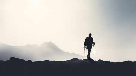 Silhouette of man hiking in the mountains, AIの素材