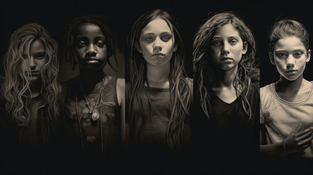 A group of young women in black and white, AIの素材