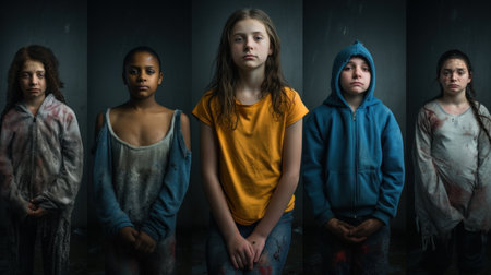 A group of children standing in front of a dark background, AIの素材