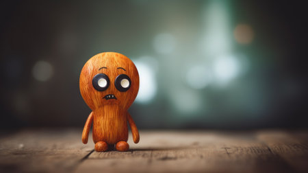 A wooden toy with a sad face sitting on top of the table, AIの素材