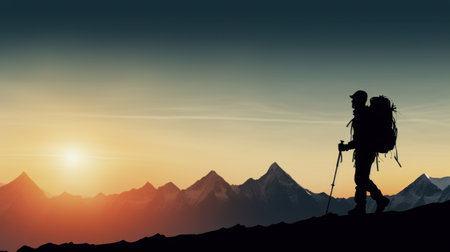 Silhouette of man with backpack hiking in mountains at sunset, AIの素材