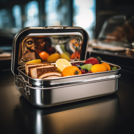 A stainless steel lunch box with fruit and vegetables, AIの素材