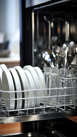 A dishwasher with plates and utensils inside, AIの素材