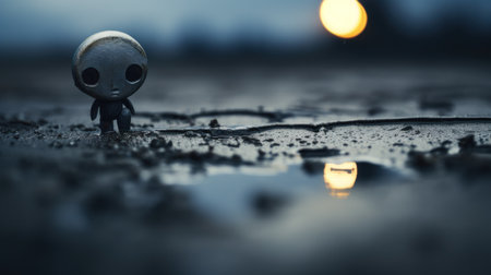A small alien doll stands in the middle of a puddle, AIの素材