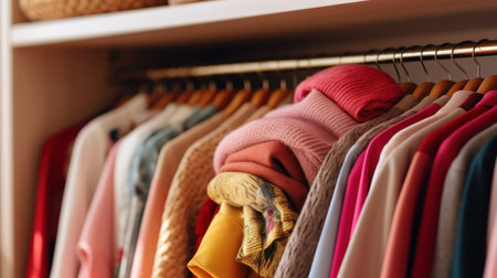 A closet with many colorful clothes on hangers, AIの素材