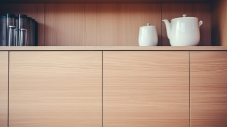 A wooden cabinet with two white cups on top, AIの素材