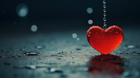 A red heart hanging from a chain with drops of water, AIの素材