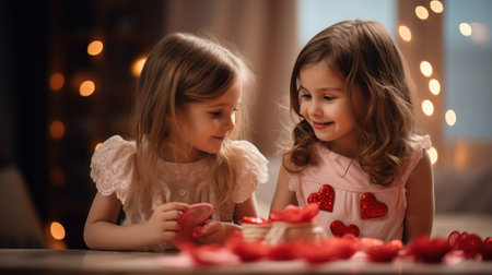 Two little girls sitting on a table with hearts, AIの素材
