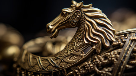 A close up of a golden horse head on top, AIの素材