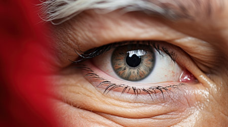 An elderly womans eye with a red scarf, AIの素材