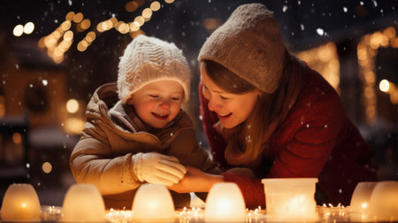 A woman and child are lighting candles in the snow, AIの素材