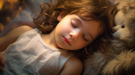A young girl sleeping with a teddy bear, AIの素材