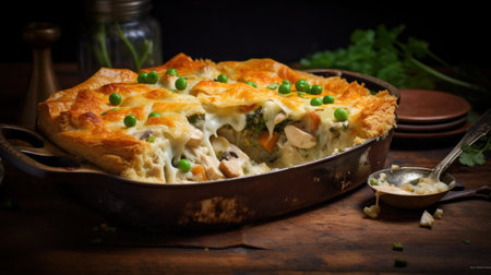 A savory chicken pie with chicken, peas and cheese in it, AIの素材