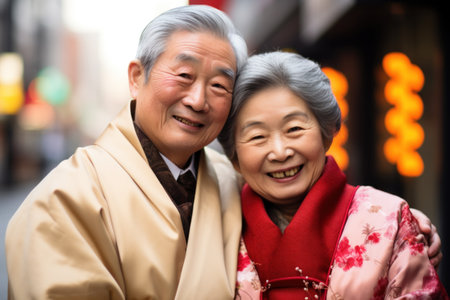 A Japanese older couple in traditional clothing hugging, AIの素材