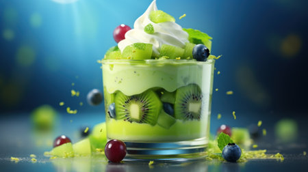 Green kiwi fruit dessert with whipped cream and berries, AIの素材