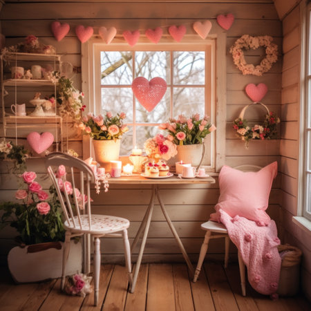 A room with pink hearts and flowers, AIの素材