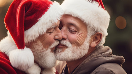 Two older men kissing in santa hats, AIの素材