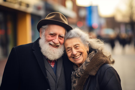 An older couple smiling while standing on a city street, AIの素材