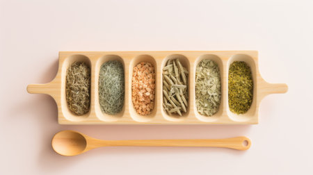 A wooden spoon with different types of herbs and spices, AIの素材