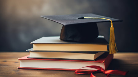 Graduation cap on top of books with red ribbon, AIの素材