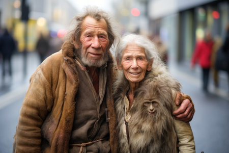 An elderly couple standing on the street, AIの素材