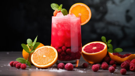 A glass of red drink with orange slices and mint leaves, AIの素材