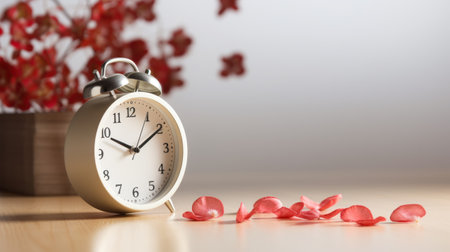 An alarm clock with red petals on a table, AIの素材