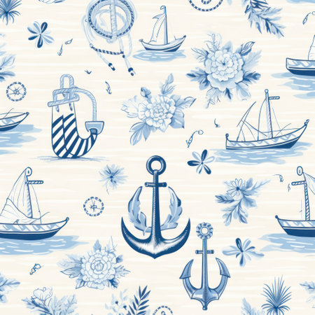 Seamless pattern with boats and flowers, AIの素材