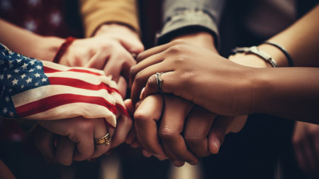 Hands of people holding american flag, AIの素材