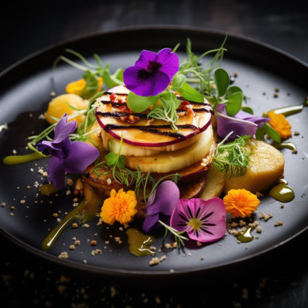 A black plate topped with a variety of food, AIの素材