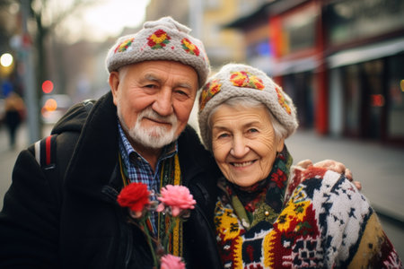 An Ukrainian elderly couple is standing in the street, AIの素材