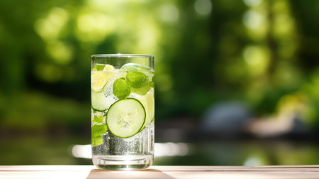 A glass of water with cucumber and mint, AIの素材