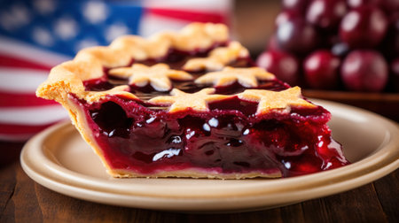 A slice of cherry pie with an american flag on a wooden table, AIの素材