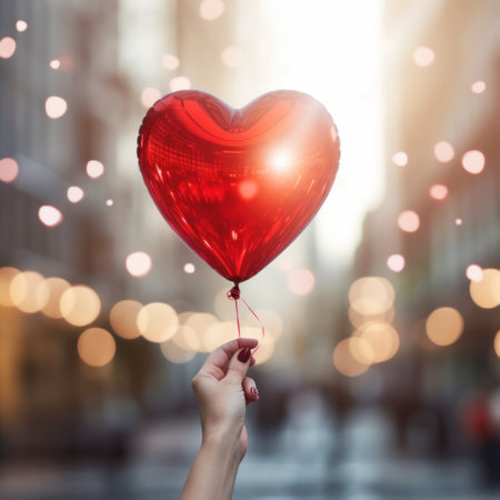 A person holding a red heart shaped balloon in front of the city, AIの素材