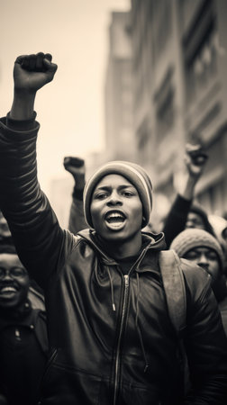 A black man with his fist raised in the air, AIの素材