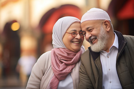 An older Arab couple is smiling and looking at each other, AIの素材