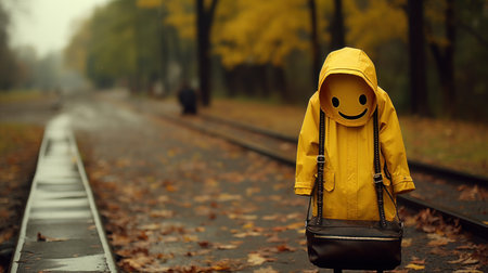 A scarecrow wearing a yellow raincoat standing on the tracks, AIの素材