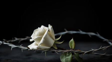 White rose in thorns on black background, AIの素材