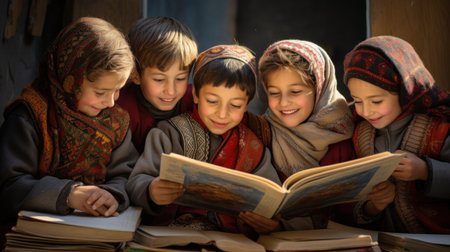 Children reading books in afghanistan, AIの素材