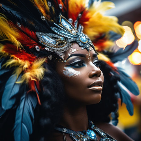 A woman with colorful feathers on her head, AIの素材