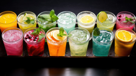 A tray of colorful drinks with different flavors, AIの素材