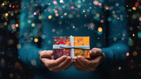 A person holding a gift box with colorful confetti, AIの素材