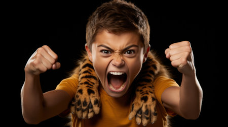 A boy with his hands up and a leopard print shirt, AIの素材